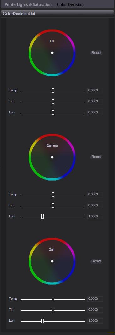 3.4. Color Decision List Each section Lift/Gamma/Gain consists of a color wheel and three sliders for Temperature (Blue/Yellow), Tint (Green/Magenta) and Luminance.