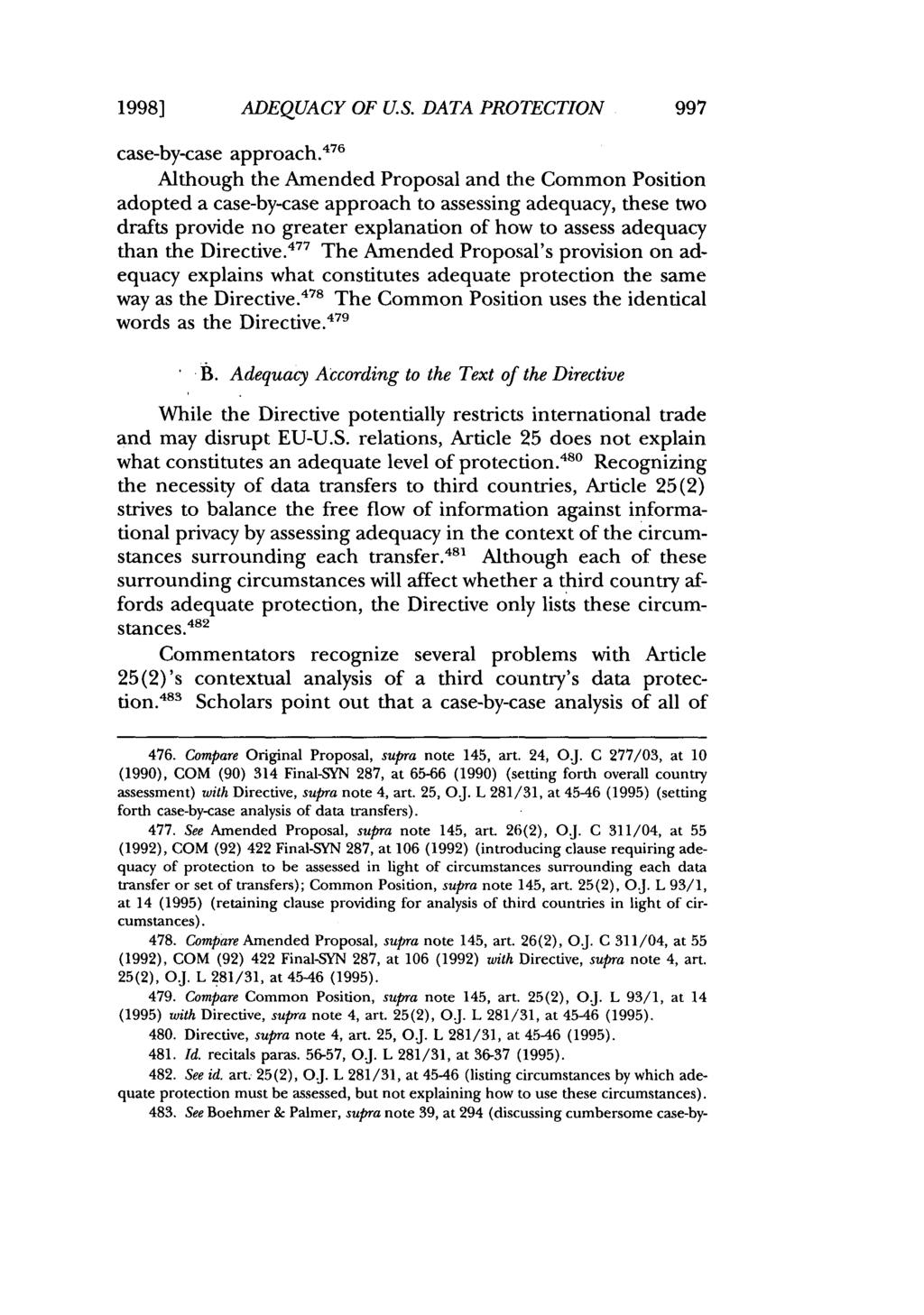 1998] ADEQUACY OF U.S. DATA PROTECTION case-by-case approach.