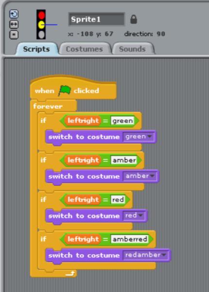 10. Working on the traffic light sprite, create the script as shown. 11. Now make three copies of the traffic light script and position them on the stage as shown.