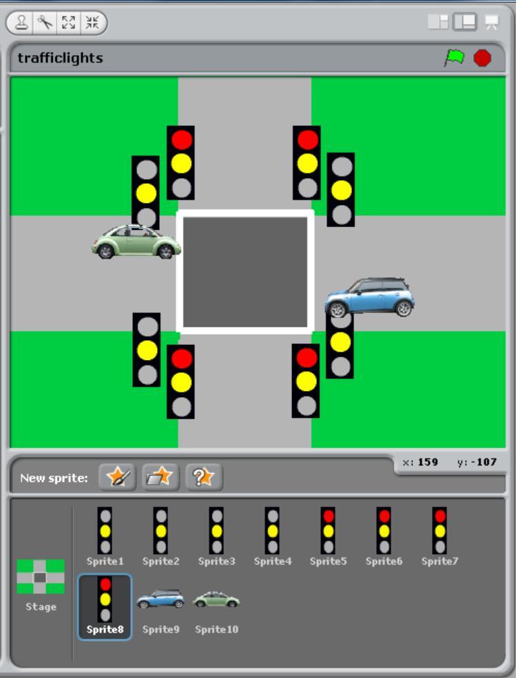 4. Copy your new up/down traffic light three times and arrange them on the stage as shown.