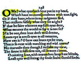 The above is a facsimile of Sonnet 148 as it appears in the original 1609 printing which shows the actual alignments of the various alleged embedment.