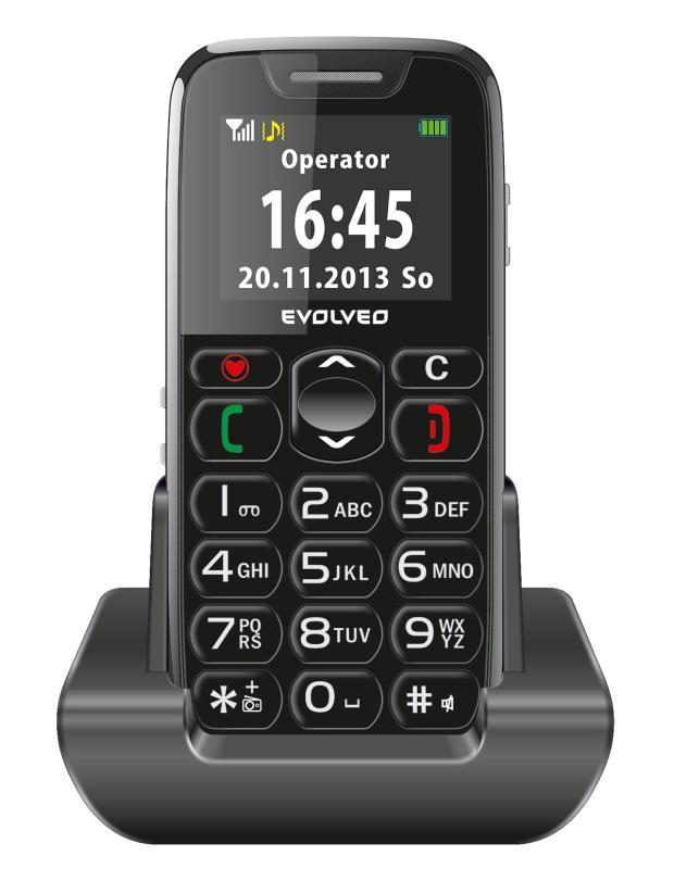 Telefon mobil EASYPHONE Telefon mobil elegant într-un design modern, negru-argintiu, cu încărcător de masă.