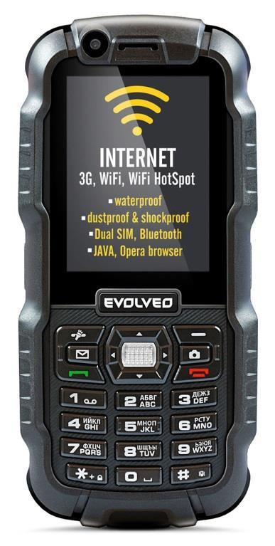 Telefon Dual SIM Evolveo StrongPhone WiFi Produs unic în categoria sa. Fiind ocombinaţie de Wifi, 3G şi de telefon cauciucat, acţionat prin butoane, este o soluţie unică pe piaţa mondială.