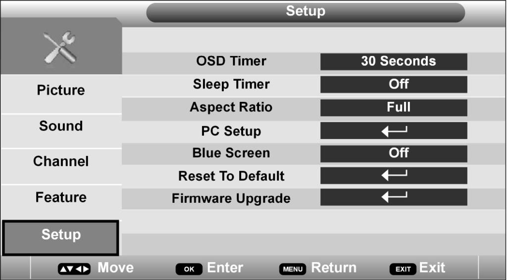 Setup menu Menu Item OSD Timer Setting You can select a time after which the OSD menu automatically disappears (5 to 30 seconds).