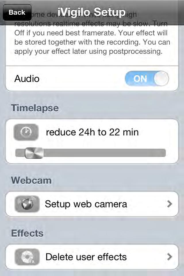 Setup Timelapse, Webcam, Effects Button to enter the Webcam settings menu.