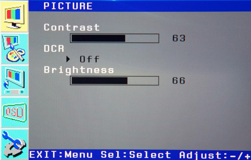 ON SCREEN DISPLAY (OSD) Adjusting the Picture With the highlight in the top box on the left, press the SELECT button to enter the Picture submenu. Use the and buttons to move the highlight up or down.