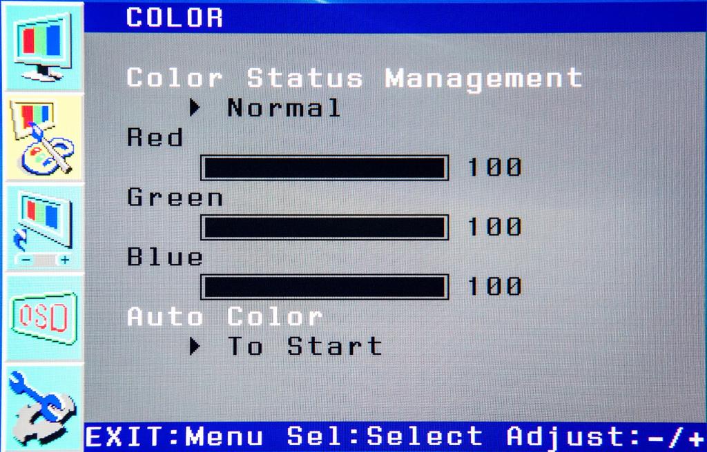 Adjusting the Color With the highlight in the second box from the top on the left, press the SELECT button to enter the Color submenu. Use the and buttons to move the highlight up or down.