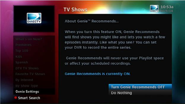 TV Shows screen with Settings selected Here you can