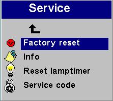 U s i n g t h e P r o j e c t o r Service menu FIGURE 21 Service menu Factory reset: This resets all options (except rear, language, and lamp time) to the original factory settings.