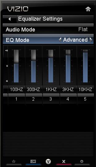 Press or to select Basic or Advanced. EQ Mode (Basic) Adjust Bass and Treble. EQ Mode (Advanced) Adjust boost or attenuation of different frequencies.