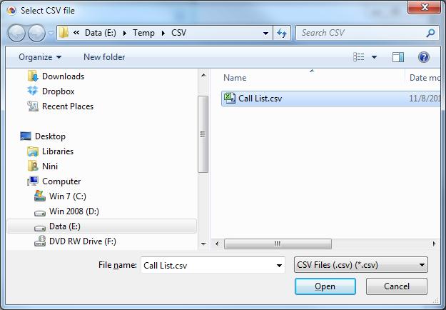 34 Using CA Outbound Dialer Module 2. The CSV Dialog displays. 3.
