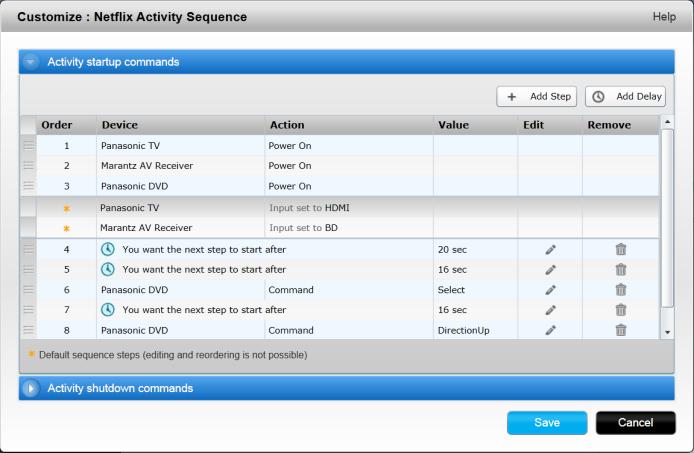 1. Click Activities and select an Activity to customize. 2. Click Customize this Activity. The Customize: Activity Sequence page displays. In this example, the Watch TV Activity is shown. 3.