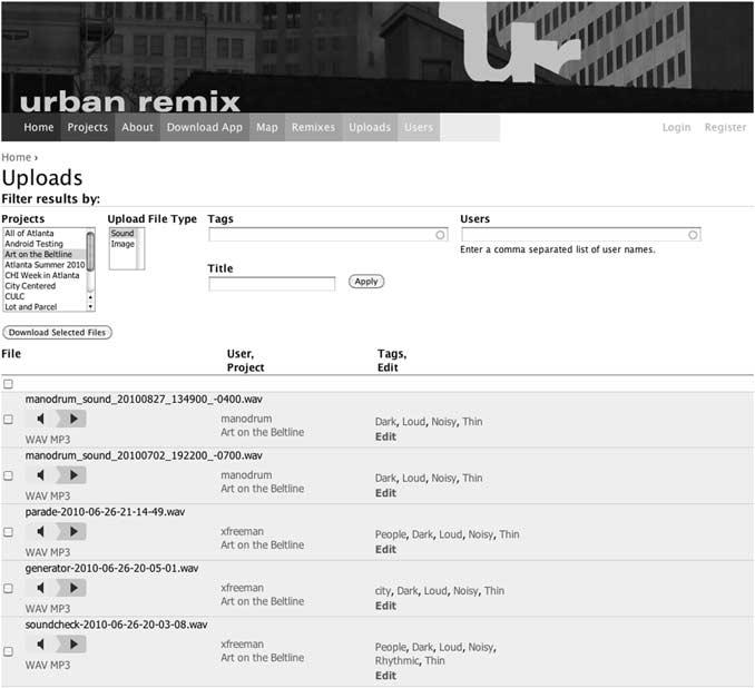 Soundscape Composition and Field Recording as a Platform for Collaborative Creativity 275 Figure 2. The UrbanRemix website includes a searchable list view of uploaded sounds and images.