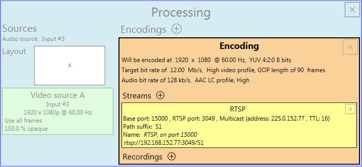 7.2.5 Encoding These settings determine how your processor encodes, transmits, or records the video and audio signals. 7.2.5.1 Include Select the signals to include (Audio only, Video only, or Audio and video) in your encoding.