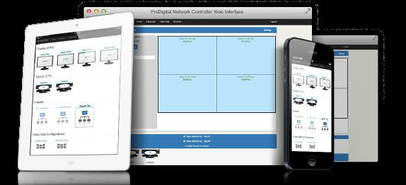 Control MuxLab AV over IP solutions via the 500811 (Pro Digital Network Controller) web and mobile interface, through a PC web browser, smartphone, and tablet.
