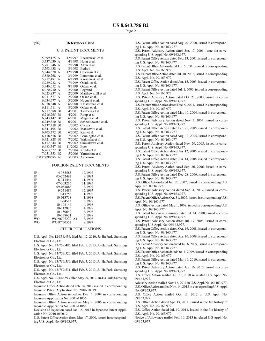 US 8,643,786 B2 Page 2 (56) References Cited U.S. PATENT DOCUMENTS 5,699,125 A 12/1997 RZesZewskiet al. 5,737,030 A 4/1998 Hong et a1. 5,781,246 A 7/1998 Alten et a1.