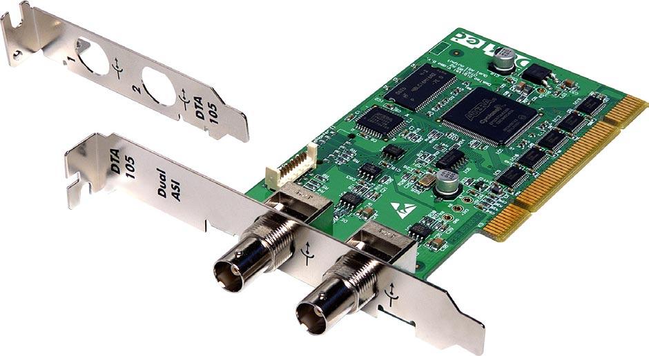 DTA-105 Dual DVB-ASI Output Adapter for PCI Bus PCI Cards Two independent DVB-ASI output channels on a low-profile PCI card Optional mode to slave the second output to the first, creating a single