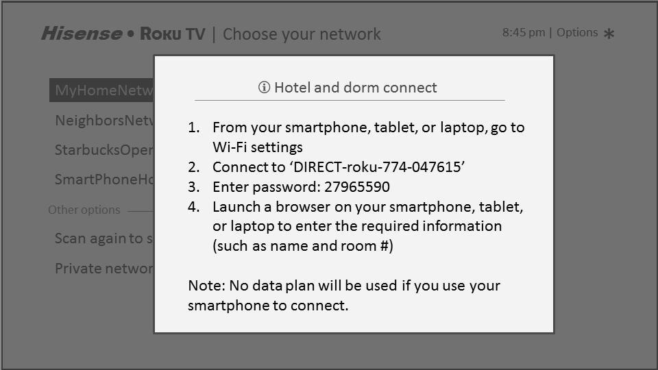 following prompt: Tip: Your TV can connect to a restricted network only if Device connect is enabled in Settings > System > Advanced system settings.