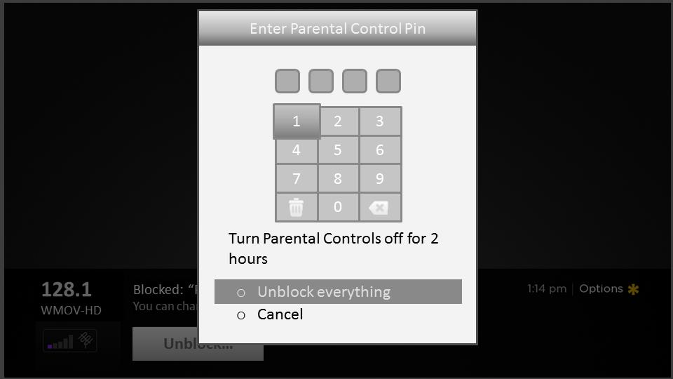 To watch the blocked program, you need to know the PIN code defined when you enabled parental controls, as explained in Creating a Parental Control PIN on page 47. 1.