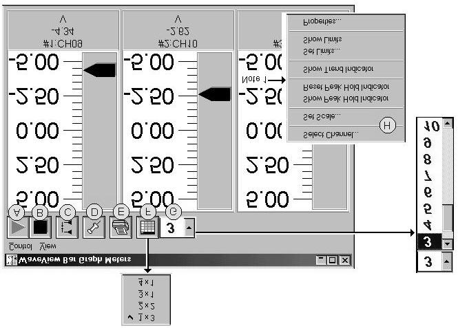 Meters Bar Graph Meters You can use the Bar Graph Meters button or select Bar Graph Meters from WaveView s View pull-down menu to access the Bar Graph window.