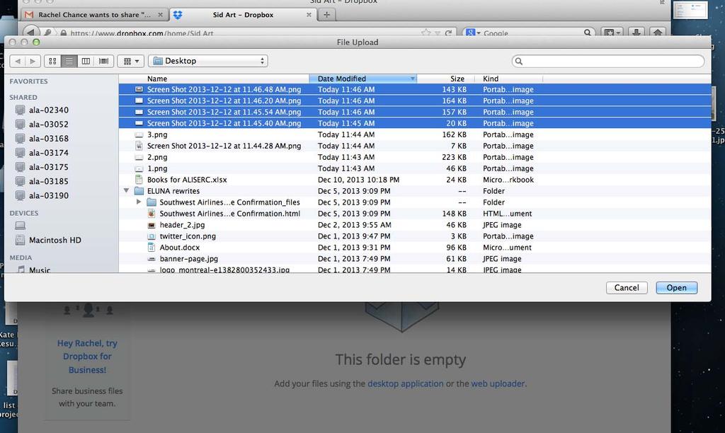 USING DROPBOX TO SEND LARGE FILES TO YOUR EDITOR (continued) 5. You will then see the files on your computer. Navigate to the folder where the files you want to upload are and select them.