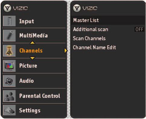 Adjusting Channels settings If you did not set up your HDTV for DTV / TV channels using the Initial Setup screens or if your setup has changed, you can do so from the TV menu.