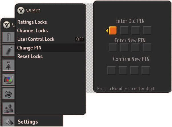 6. Change PIN - The Change PIN option lets you change the password used to access the Parental menu. The default password from the factory is 5351.