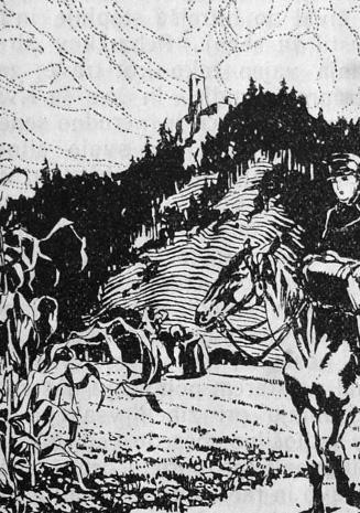 risbi z mladeničem na konju (slika 8), posegel pa je tudi po komičnih prizorih (Jurčič, 1911, 12, 19, 20, 111).