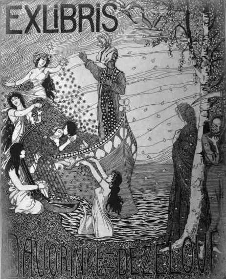 Slika 4: France Podrekar, Ex libris Davorinke Deželove, okoli 1918 vir: NUK Argument, da Lepo Vido prištejemo k vagabundskim figuram, leži v aktu njenega pobega, v želji po neznanem in svobodi, ki se