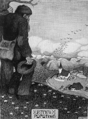 Slika 5: Gvidona Birolla, Stari popotnik, okoli 1906 vir: NUK Zgodnja Tratnikova dela so zaznamovana z motiviko poti, ki ima avtobiografsko dimenzijo, saj je bil slikar do prihoda v Ljubljano leta