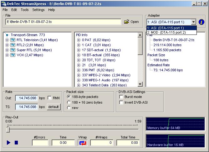24 Fig. 32. "DtInfo" output port configuration for ASI output stream. Configure Port 1 to output "DVB-ASI" launch StreamXpress software (Fig. 33)