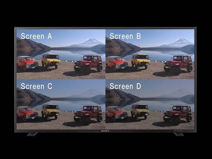 example application for quad-view display in production would be viewing the original footage on Screen A, EOTF converted image on Screen B, another EOTF converted image on Screen C, and EOTF/color