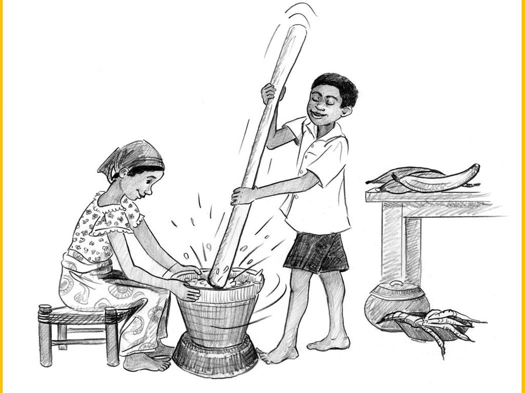 The next day, while Kwame is helping his sister, Afua, make fufu, a pounded mixture of mashed