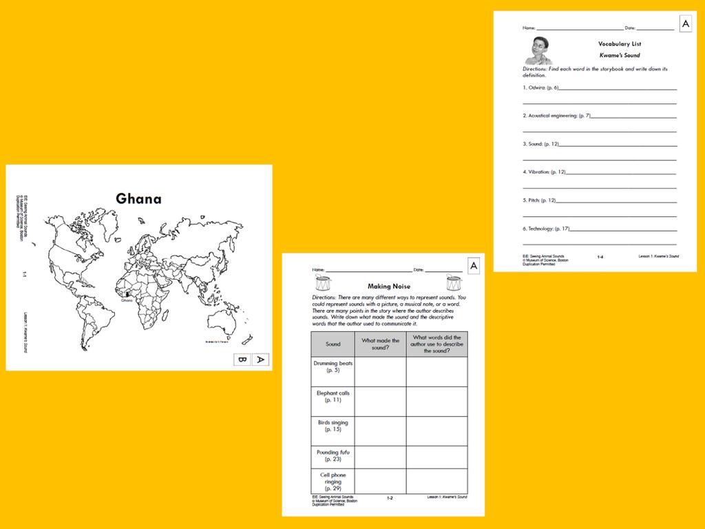 Show participants the other Lesson 1 handouts Ghana {1-1}, Making Noise {1-2}, and Vocabulary List {1-4}.
