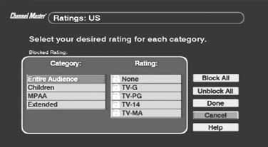 To block programs based on rating, use the following steps: 1. Select Ratings Settings from the Locks menu. 2.