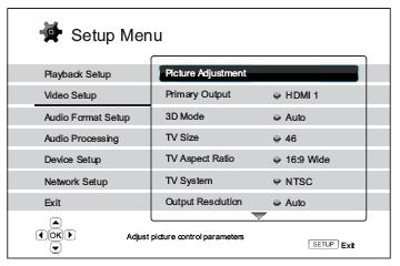 Video Setup The Video Setup section of the Setup Menu system allows you to configure video output options.