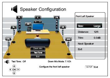 Speaker Configuration In the Speaker Configuration menu you can configure speaker settings such as down-mix mode, number of speakers, their distance, size and trim level.