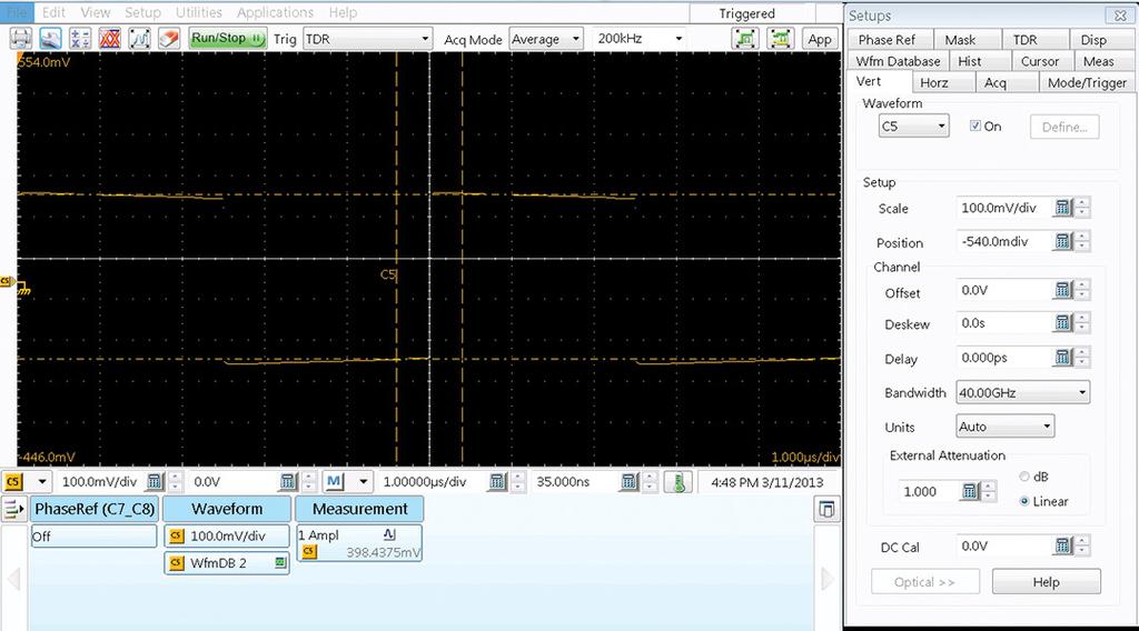Practices for Measurements on 25 Gb/s Signaling Figure 9. The TDR Clock OUT signal via DC Block. Again note (write down) the amplitude reported as Meas1; e.g. 398.