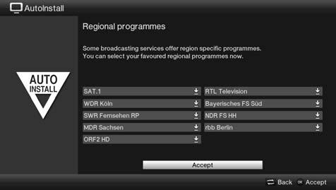 Initial installation Regional programmes Some broadcasters transmit channels with varying regional content. On this page you can define your preferences for these regional channels.