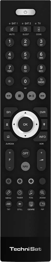 Remote control Remote control On/Standby Sleep timer Sound on/off Remote control code Numeric keys Recording Stop Rewind Arrow keys SFI Page up Back Function selection TV/Radio mode Fast