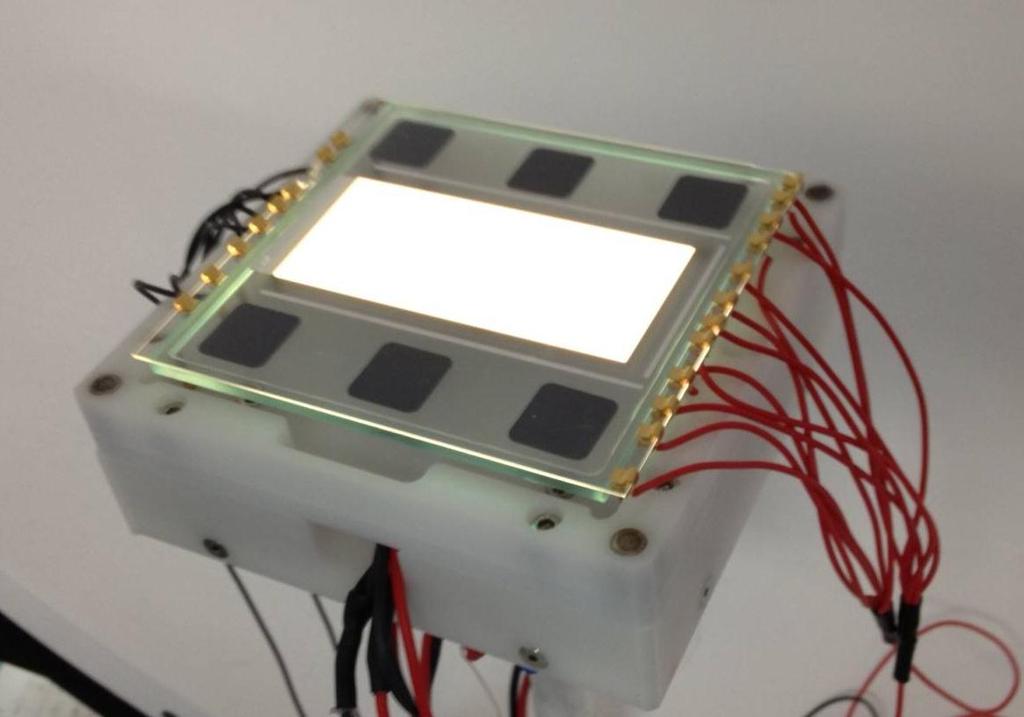 All phosphorescent white OLED panel (prototype: 25 cm 2 ) 25 ~ 25 ~ 25cm 2 at 1,000 cd/m 2 Efficacy Half-decay Lifetime 5cm Ra E.Q.E. Voltage L.