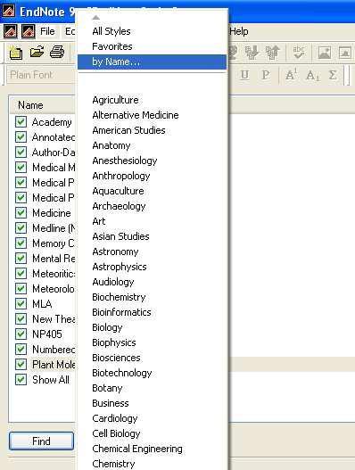 In EndNote Styles window, click "Find" button to search bibliographic styles by:
