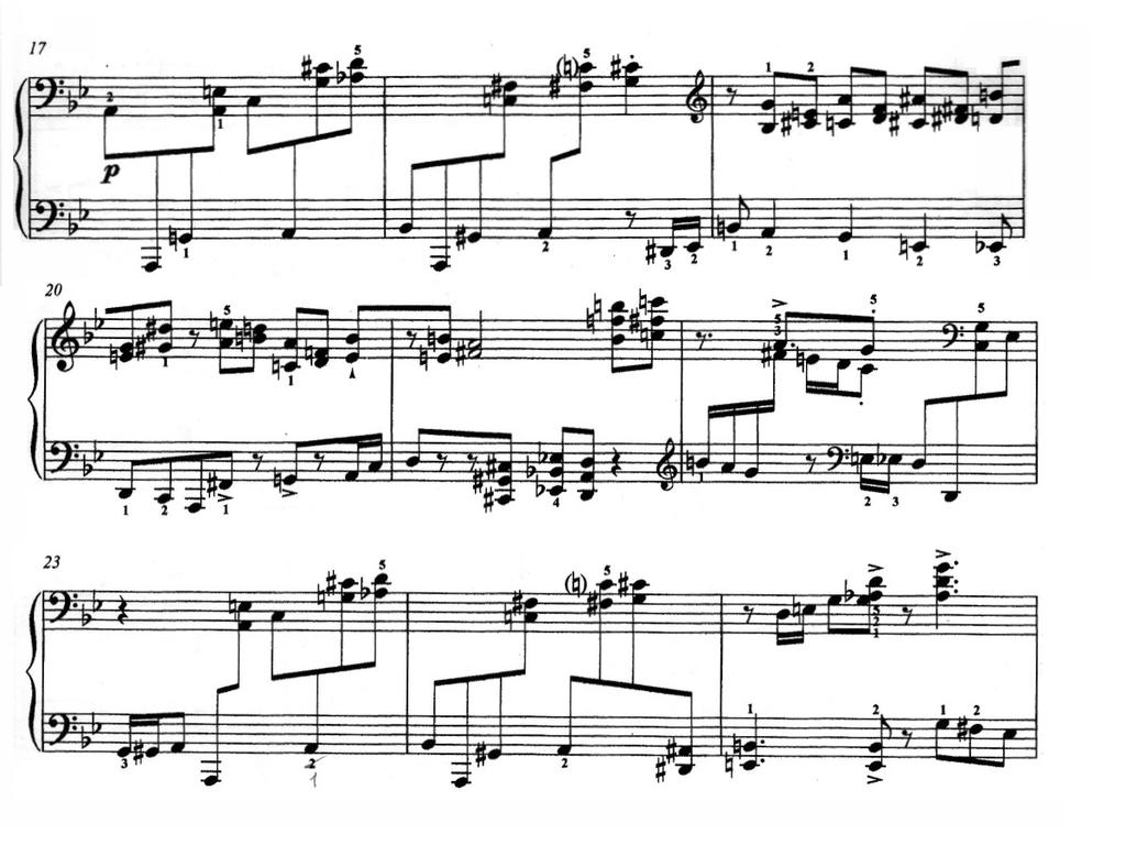 23 Example 1.26, Prelude XXII, B section, two-handed funk Finally, Preludes XXII and XXIV are also both up-tempo pieces in cut time with a modern jazz feel.