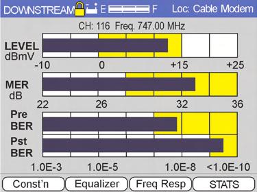 Chapter 4 Measurements From the Cable Modem test screen, shown again in Figure 4-24, functions are provided for Downstream, Upstream, Graphic and More.