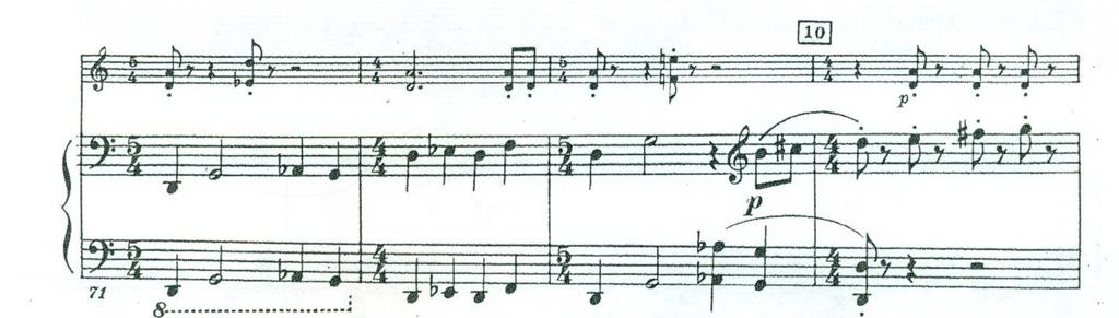 Example 4.2, Shostakovich, Violin Sonata, Op. 134, i, mm. 71-78 Row 2 SONATA FOR VIOLIN AND PIANO, OP. 134 By Dmitri Shostakovich Copyright 1969 (Renewed) by G. Schirmer, Inc.