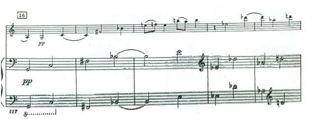 Example 4.3b Imitation in Shostakovich, Violin Sonata, Op. 134, i, mm. 117-121 SONATA FOR VIOLIN AND PIANO, OP. 134 By Dmitri Shostakovich Copyright 1969 (Renewed) by G. Schirmer, Inc.