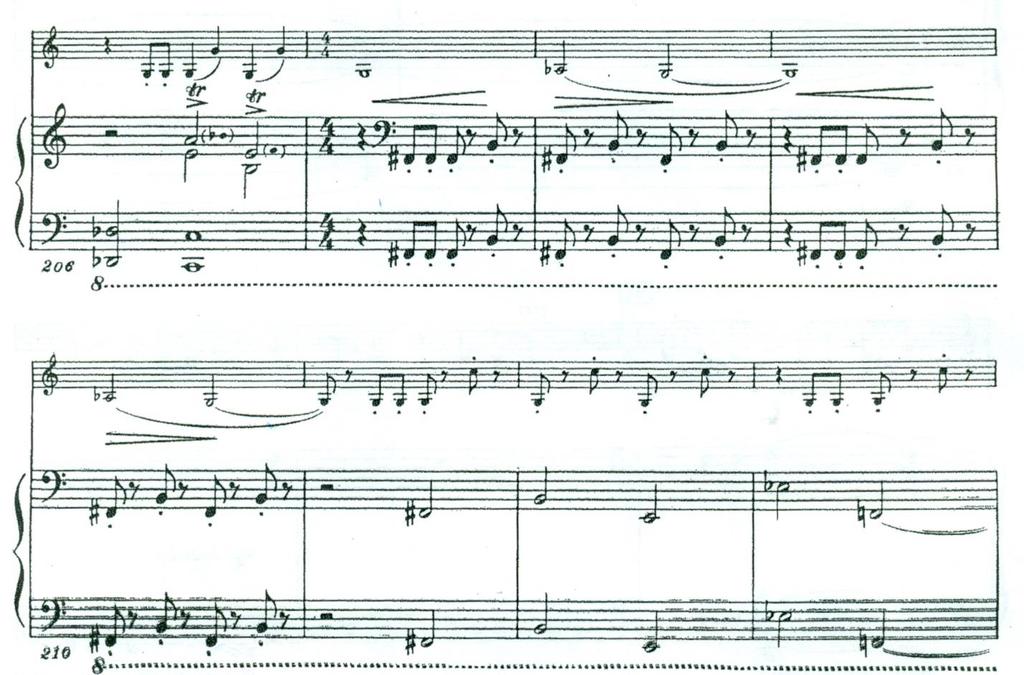 Example 4.5 Shostakovich, Violin Sonata, Op. 134, i, mm. 206-213 SONATA FOR VIOLIN AND PIANO, OP. 134 By Dmitri Shostakovich Copyright 1969 (Renewed) by G. Schirmer, Inc.