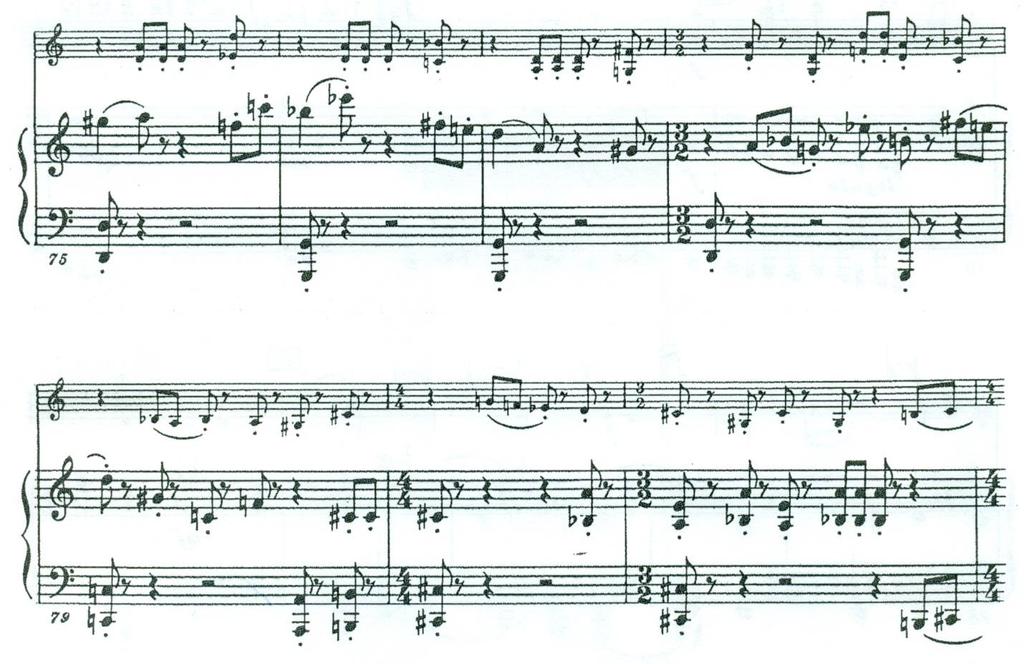 Example 4.7 Shostakovich, Violin Sonata, Op. 134, i, mm.75-81 end of Row 2 Row 3 SONATA FOR VIOLIN AND PIANO, OP. 134 By Dmitri Shostakovich Copyright 1969 (Renewed) by G. Schirmer, Inc.