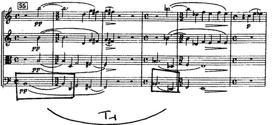 b) Shostakovich, String Quartet, op. 138, mm. 403 408 STRING QUARTET NO. 13 IN B FLAT MINOR, OP. 138 By Dmitri Shostakovich Copyright 1970 (Renewed) by G. Schirmer, Inc.