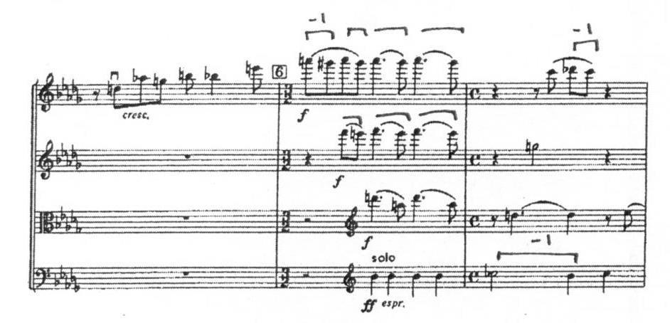 statement occurs at rehearsal 6 (Example 5.12). Here, Shostakovich introduces a repeated B-flat motive that rocks back and forth from B-flat to C-flat.
